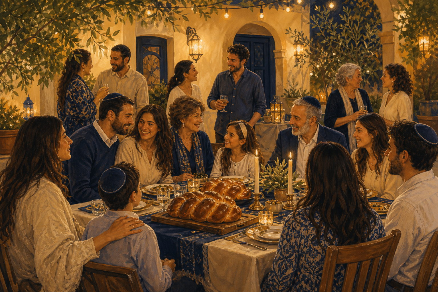 Ilustración de familias de distintas generaciones compartiendo una mesa comunitaria de Shabat